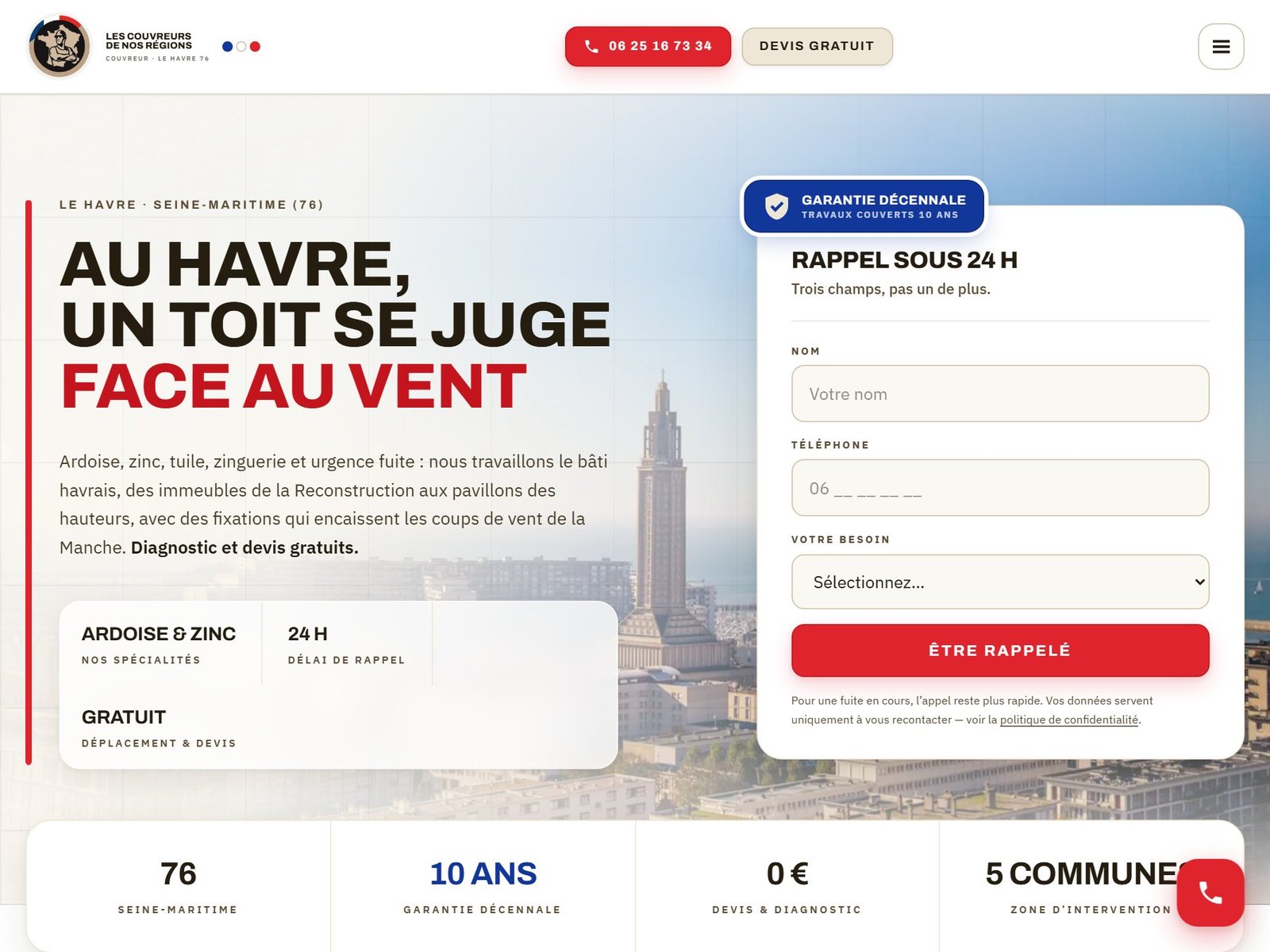 Aperçu du site réalisé pour Couvreur du Havre