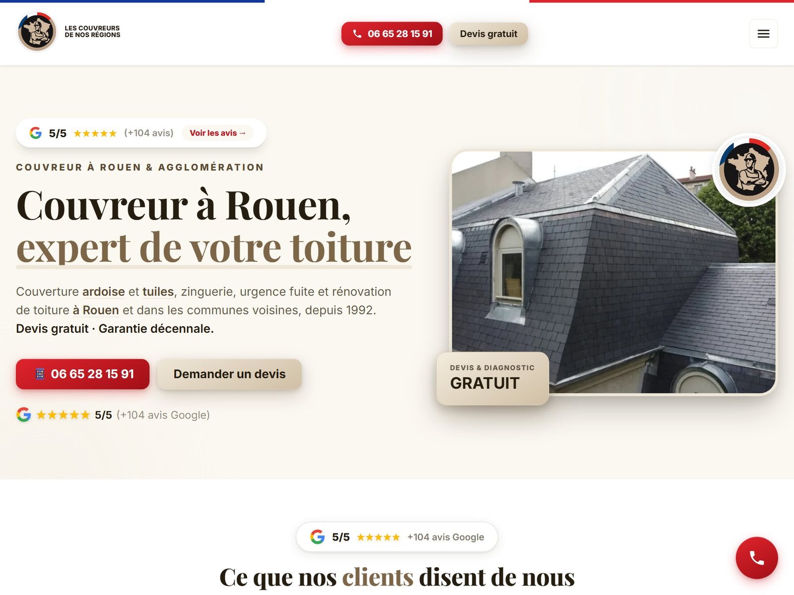 Aperçu du site réalisé pour Les Couvreurs de Nos Régions